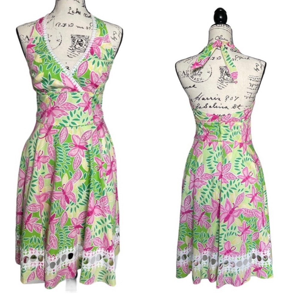 Lilly Pulitzer Butterfly & Leaf Halter Dress WHITE LABEL Size 2